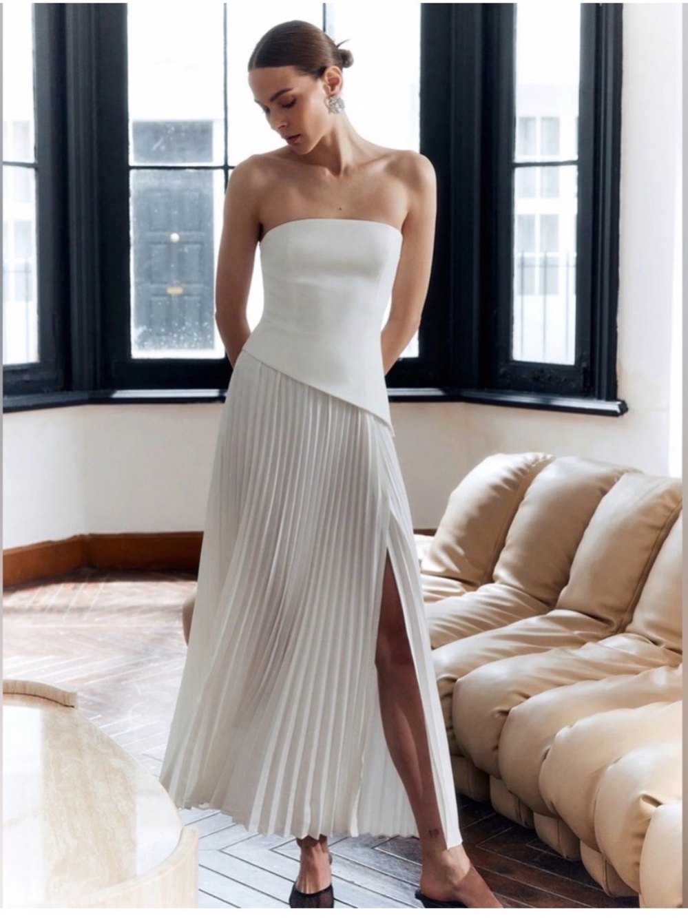 Commense Strapless Pleated Midi Dress in White